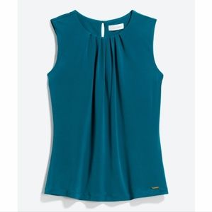 Calvin Klein Sleeveless Pleat Neck Knit Cami - Large - Teal Green